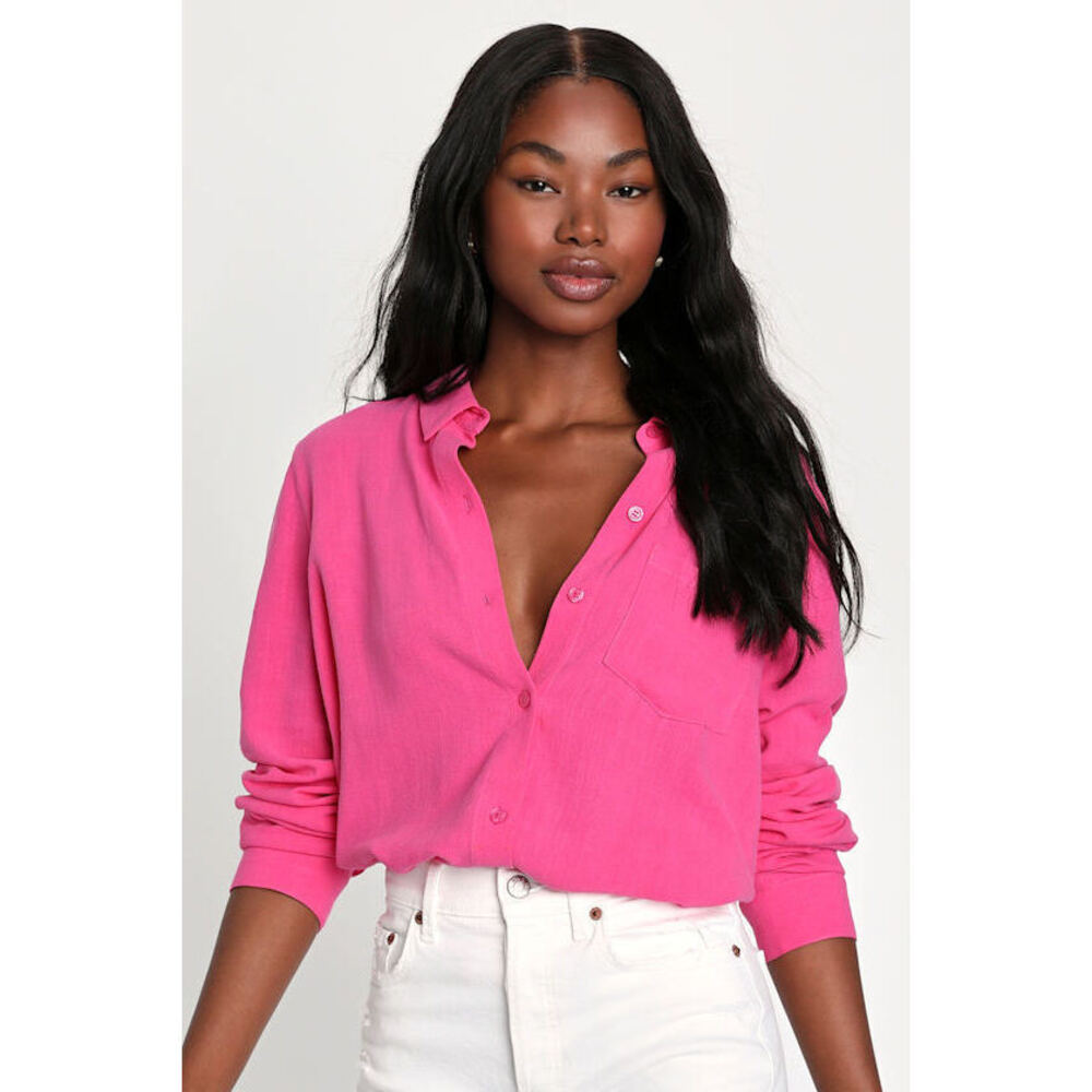 Lulus Fave 'fit Hot Pink Linen Long Sleeve Collared Button-up Top - Size M